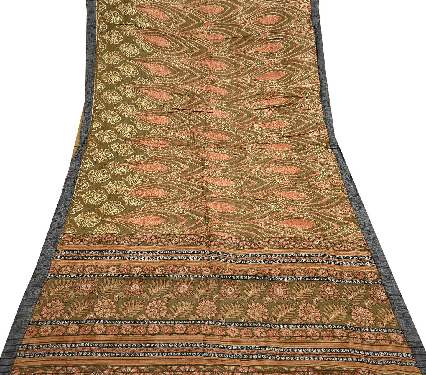 Vintage Green Woolen Printed Saree 5Yd Soft Pure Wool Woven Sari Fabric Warm Craft Material Winter Wrap Boho Indian Textile Christmas Gift