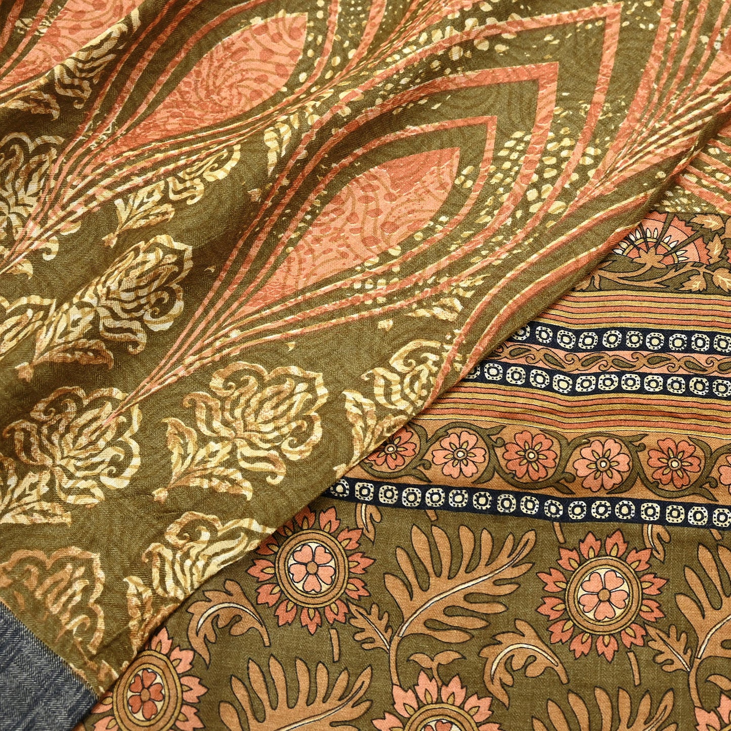 Vintage Green Woolen Printed Saree 5Yd Soft Pure Wool Woven Sari Fabric Warm Craft Material Winter Wrap Boho Indian Textile Christmas Gift