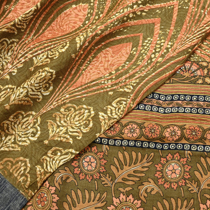 Vintage Green Woolen Printed Saree 5Yd Soft Pure Wool Woven Sari Fabric Warm Craft Material Winter Wrap Boho Indian Textile Christmas Gift