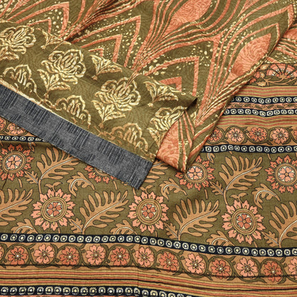Vintage Green Woolen Printed Saree 5Yd Soft Pure Wool Woven Sari Fabric Warm Craft Material Winter Wrap Boho Indian Textile Christmas Gift