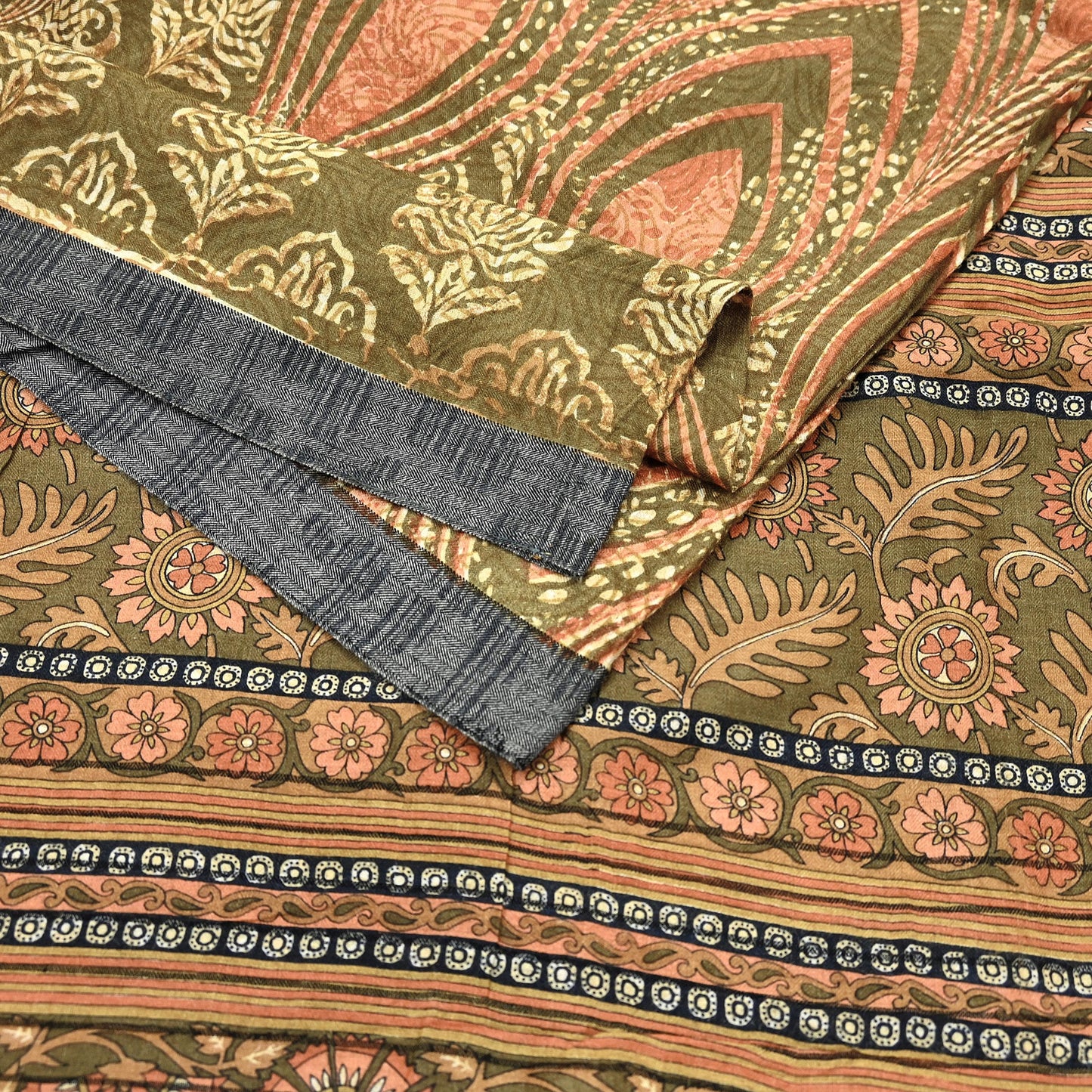 Vintage Green Woolen Printed Saree 5Yd Soft Pure Wool Woven Sari Fabric Warm Craft Material Winter Wrap Boho Indian Textile Christmas Gift