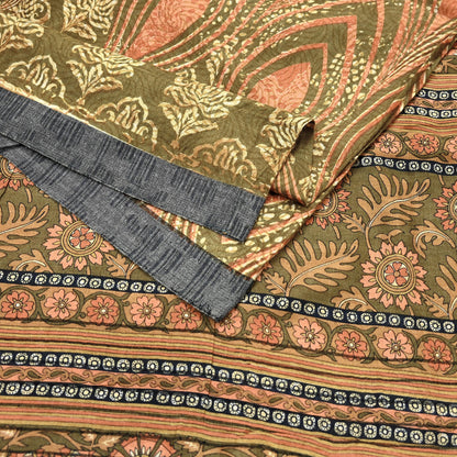 Vintage Green Woolen Printed Saree 5Yd Soft Pure Wool Woven Sari Fabric Warm Craft Material Winter Wrap Boho Indian Textile Christmas Gift