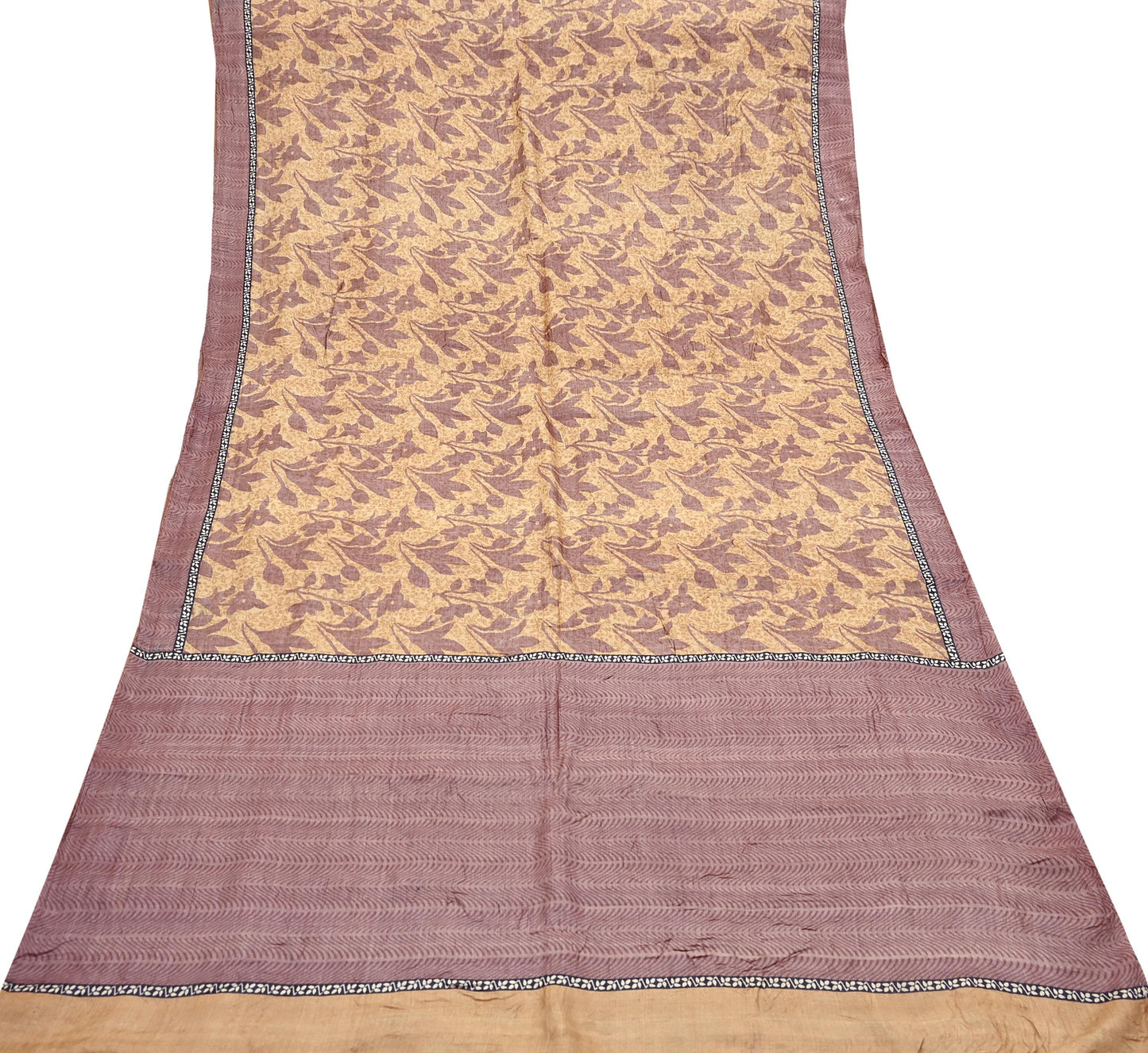 Vintage Brown Beige Pure Khadi Silk Saree 5Yd Handloom Printed Sari Fabric Pure Silk Boho Textile Eco Friendly Dressmaking Christmas Gift