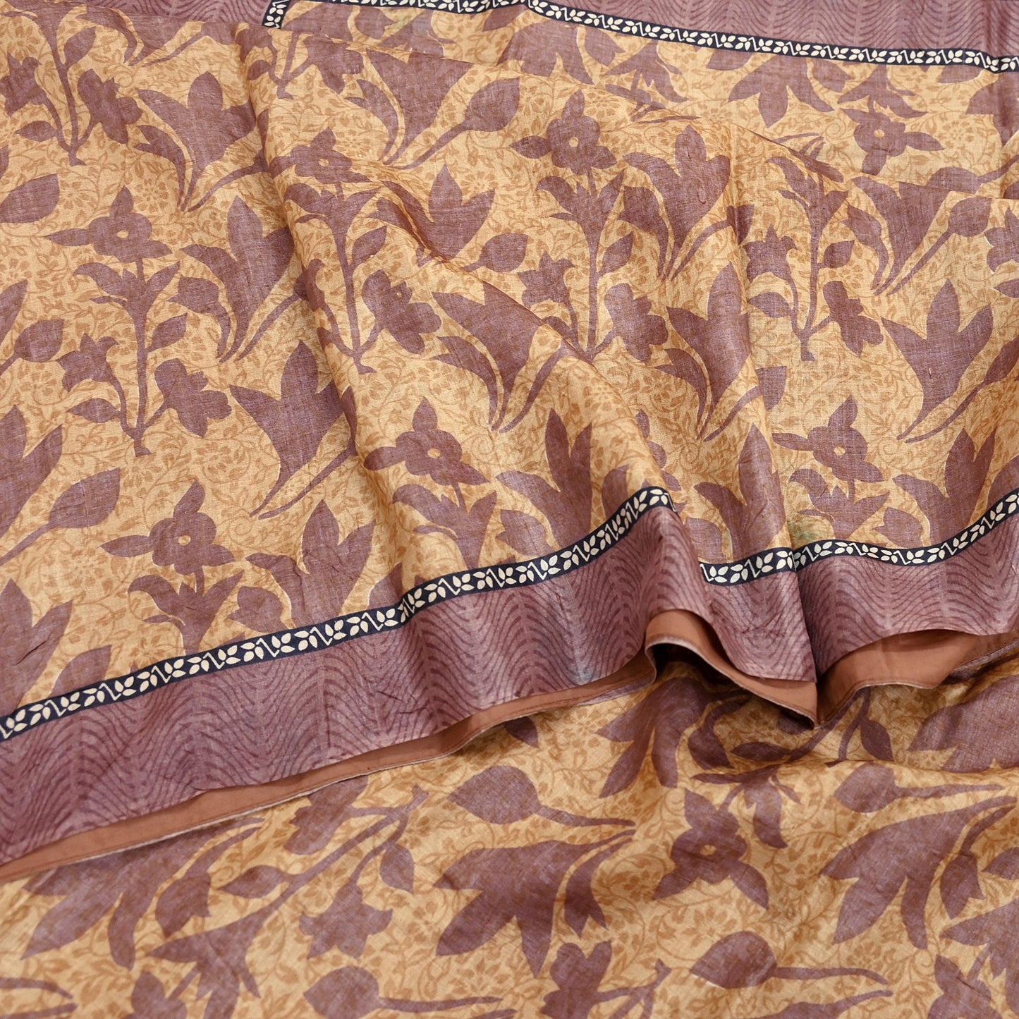 Vintage Brown Beige Pure Khadi Silk Saree 5Yd Handloom Printed Sari Fabric Pure Silk Boho Textile Eco Friendly Dressmaking Christmas Gift