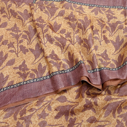 Vintage Brown Beige Pure Khadi Silk Saree 5Yd Handloom Printed Sari Fabric Pure Silk Boho Textile Eco Friendly Dressmaking Christmas Gift