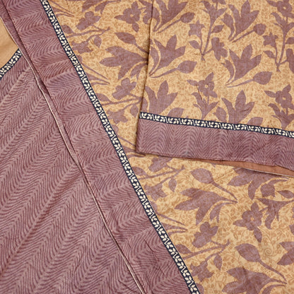 Vintage Brown Beige Pure Khadi Silk Saree 5Yd Handloom Printed Sari Fabric Pure Silk Boho Textile Eco Friendly Dressmaking Christmas Gift