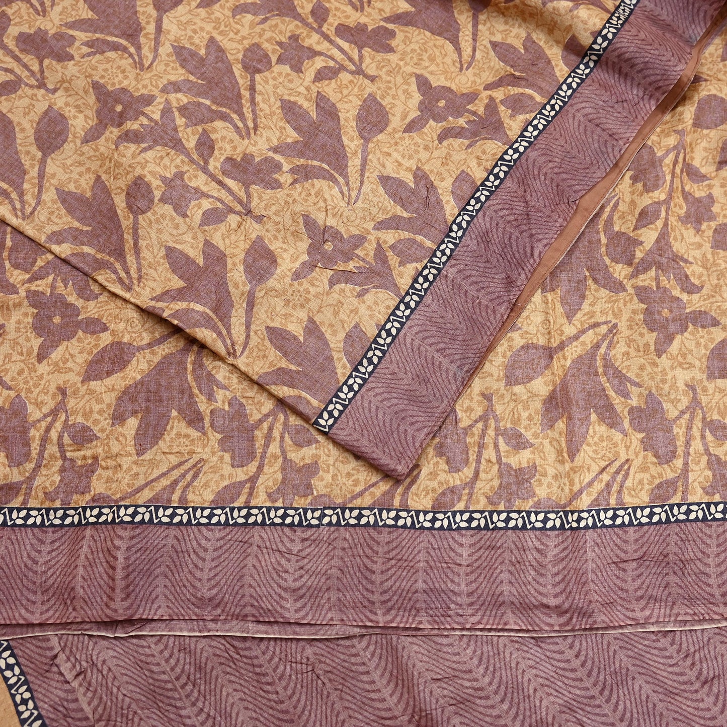 Vintage Brown Beige Pure Khadi Silk Saree 5Yd Handloom Printed Sari Fabric Pure Silk Boho Textile Eco Friendly Dressmaking Christmas Gift