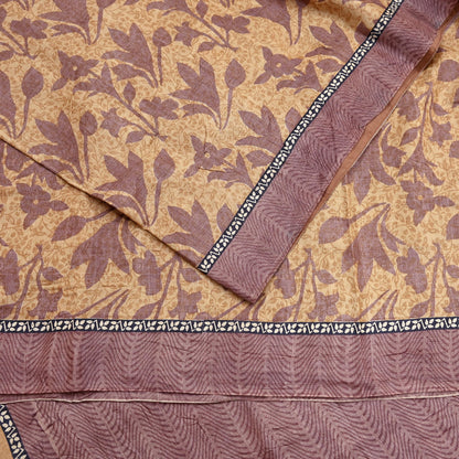Vintage Brown Beige Pure Khadi Silk Saree 5Yd Handloom Printed Sari Fabric Pure Silk Boho Textile Eco Friendly Dressmaking Christmas Gift