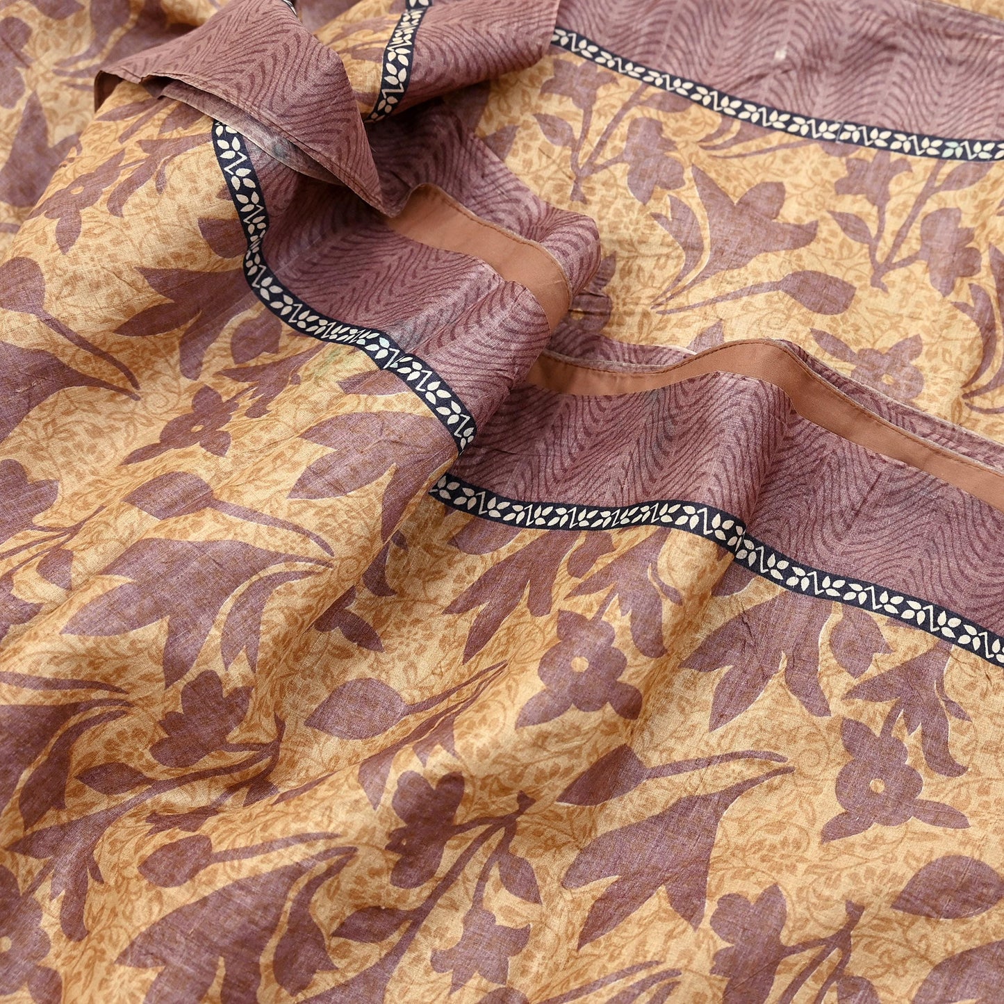 Vintage Brown Beige Pure Khadi Silk Saree 5Yd Handloom Printed Sari Fabric Pure Silk Boho Textile Eco Friendly Dressmaking Christmas Gift