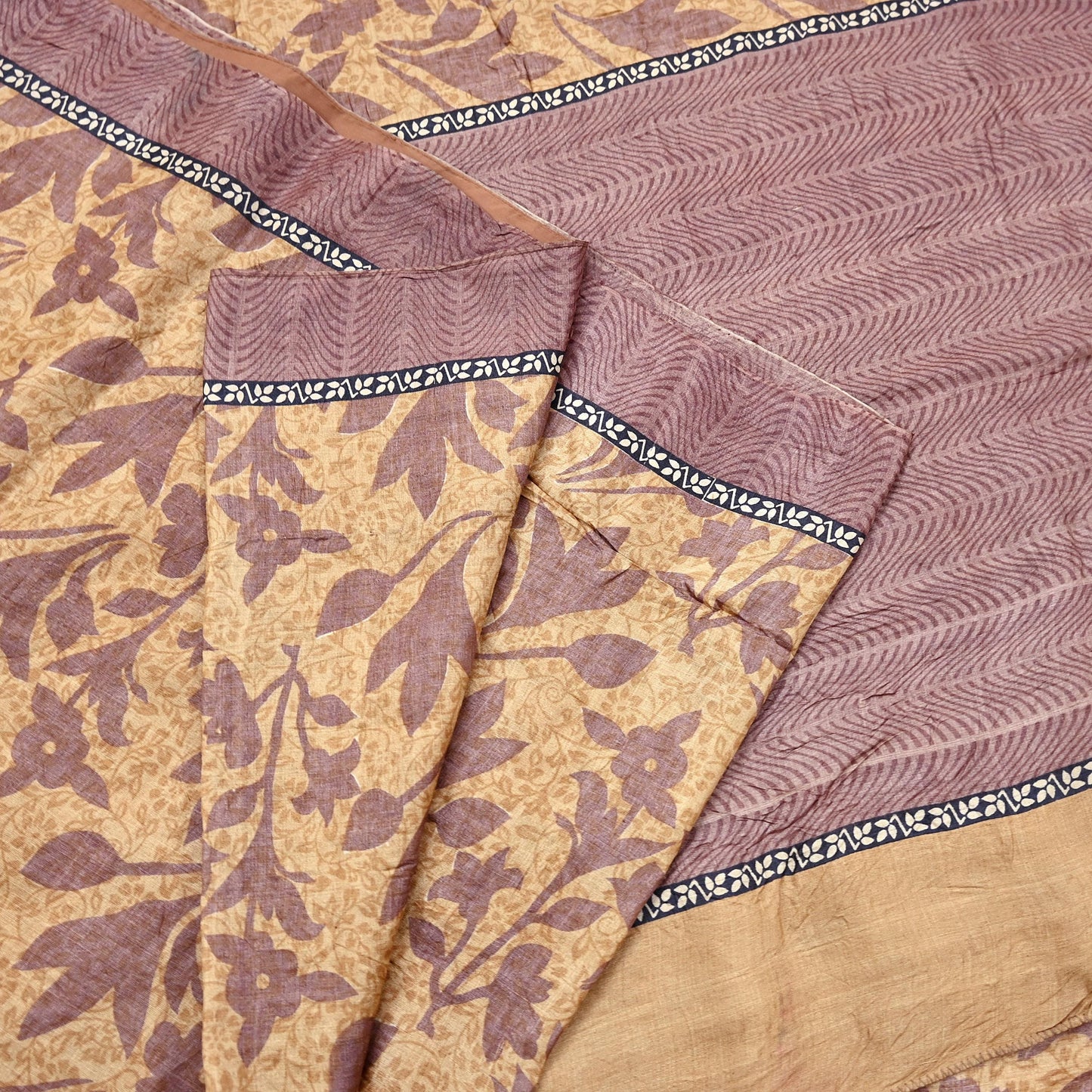 Vintage Brown Beige Pure Khadi Silk Saree 5Yd Handloom Printed Sari Fabric Pure Silk Boho Textile Eco Friendly Dressmaking Christmas Gift