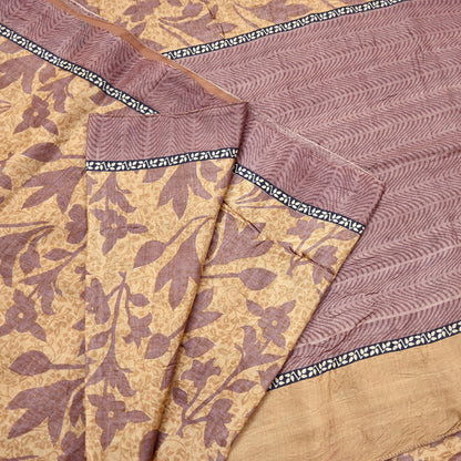 Vintage Brown Beige Pure Khadi Silk Saree 5Yd Handloom Printed Sari Fabric Pure Silk Boho Textile Eco Friendly Dressmaking Christmas Gift