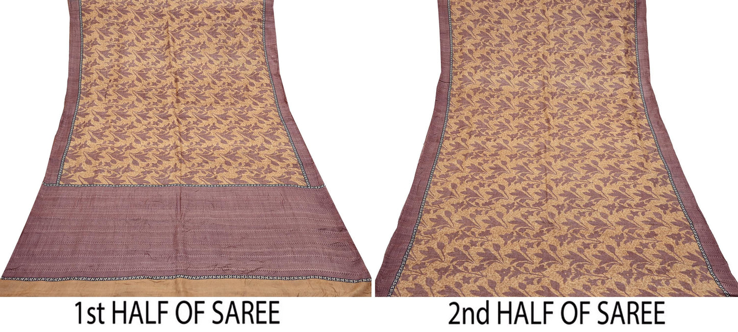 Vintage Brown Beige Pure Khadi Silk Saree 5Yd Handloom Printed Sari Fabric Pure Silk Boho Textile Eco Friendly Dressmaking Christmas Gift