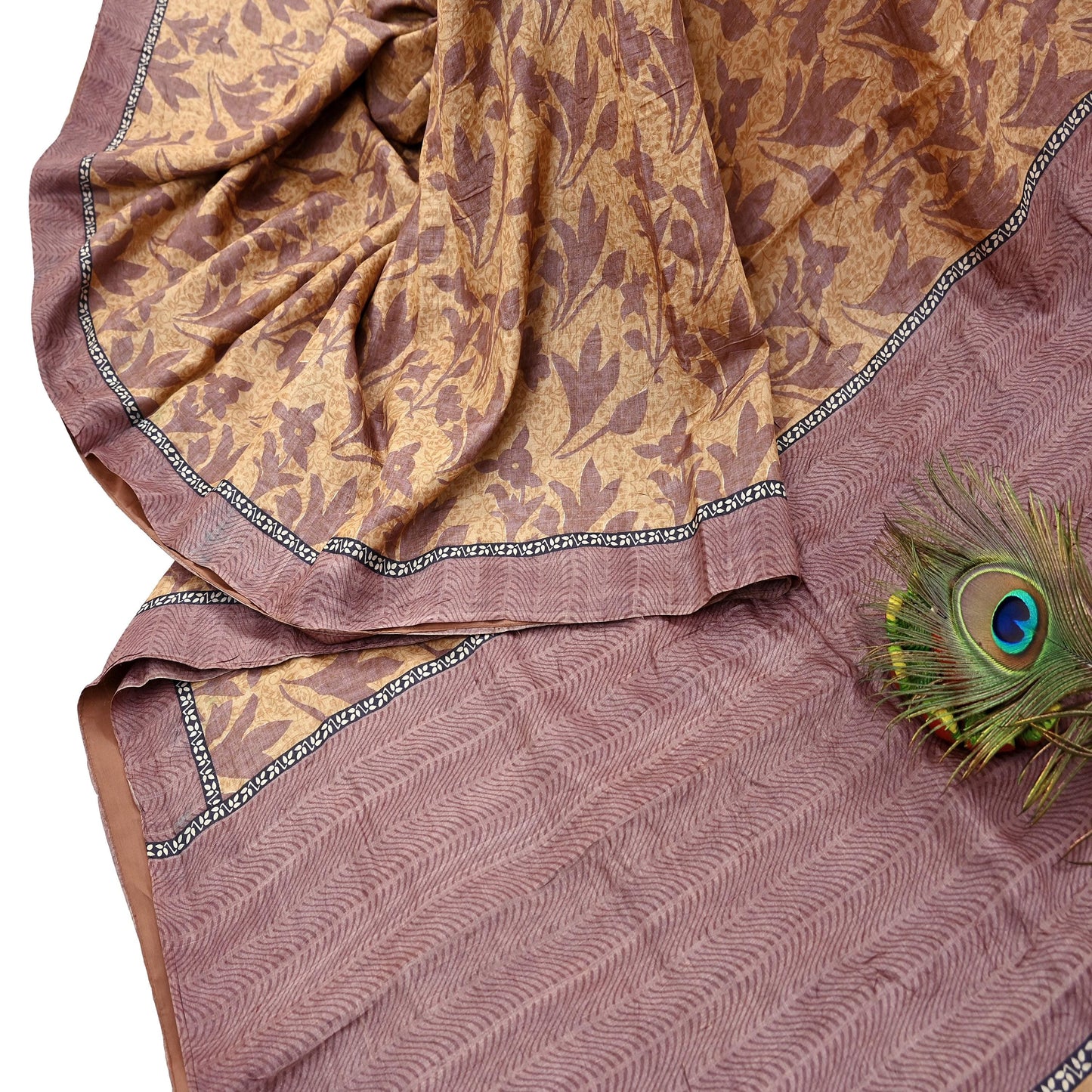 Vintage Brown Beige Pure Khadi Silk Saree 5Yd Handloom Printed Sari Fabric Pure Silk Boho Textile Eco Friendly Dressmaking Christmas Gift