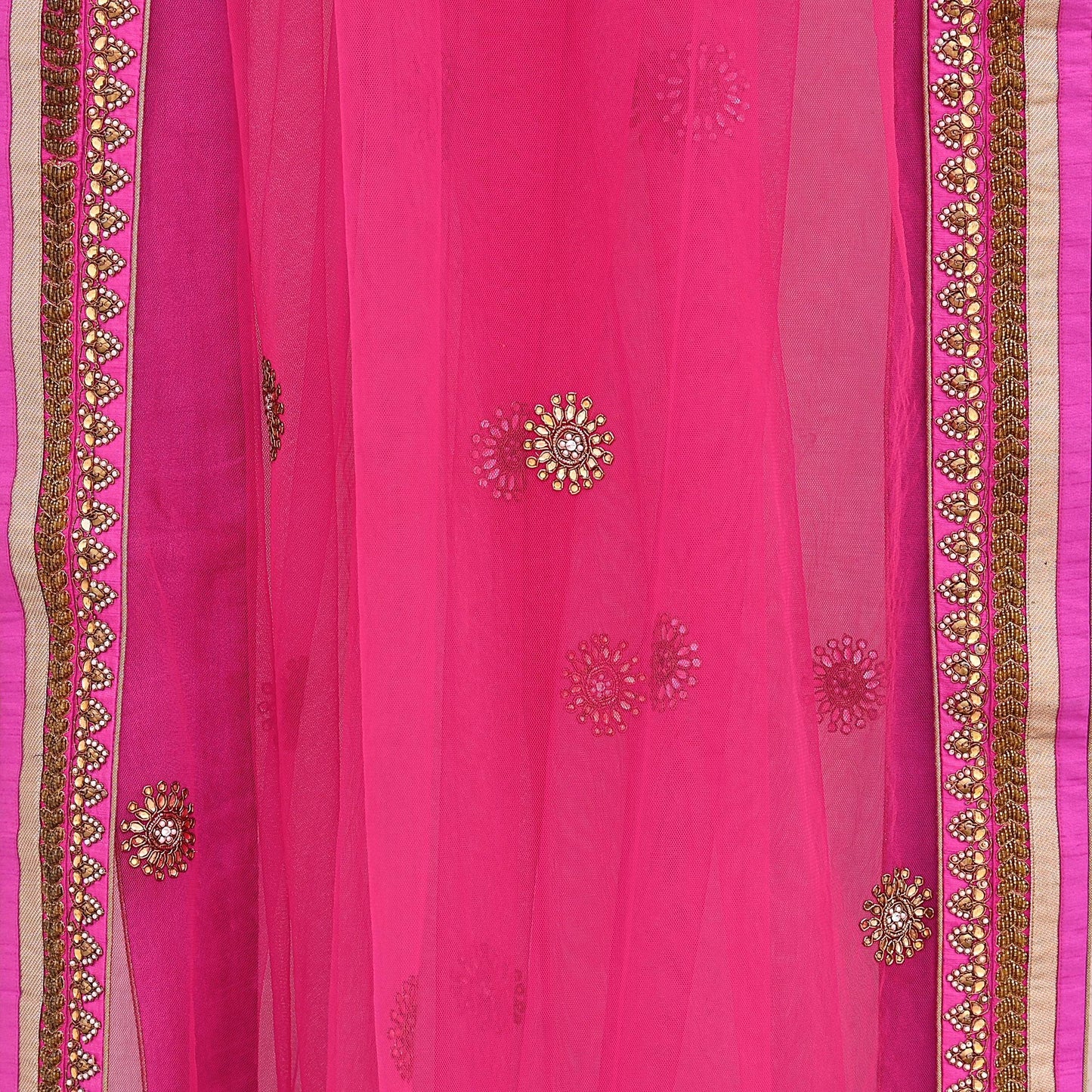 Indian Designer Abu Jani Dupatta Rani Pink Net Mesh Hand Embroidered Zardozi Dabka Bridal Veil Preowned Heavy Scarf