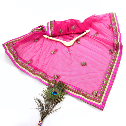 Indian Designer Abu Jani Dupatta Rani Pink Net Mesh Hand Embroidered Zardozi Dabka Bridal Veil Preowned Heavy Scarf