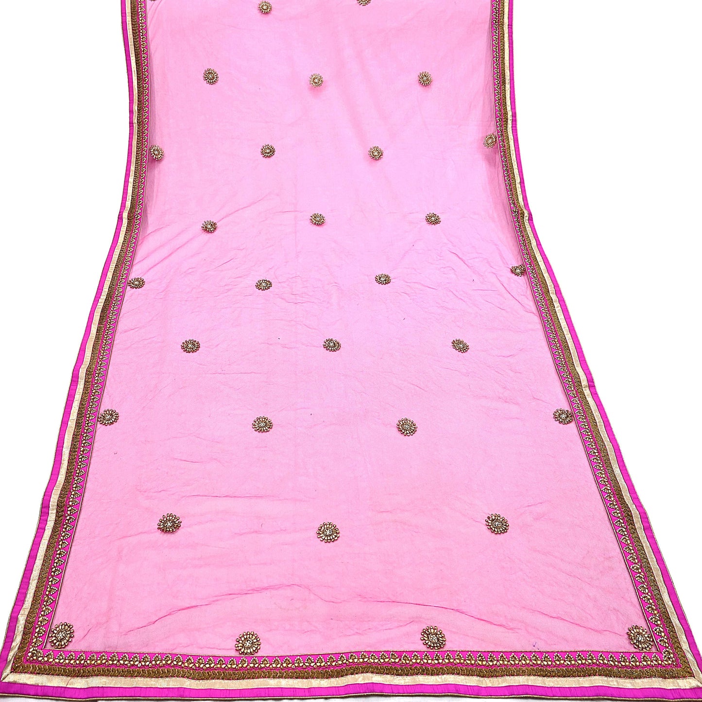 Indian Designer Abu Jani Dupatta Rani Pink Net Mesh Hand Embroidered Zardozi Dabka Bridal Veil Preowned Heavy Scarf