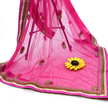 Indian Designer Abu Jani Dupatta Rani Pink Net Mesh Hand Embroidered Zardozi Dabka Bridal Veil Preowned Heavy Scarf