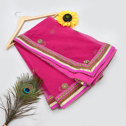 Indian Designer Abu Jani Dupatta Rani Pink Net Mesh Hand Embroidered Zardozi Dabka Bridal Veil Preowned Heavy Scarf