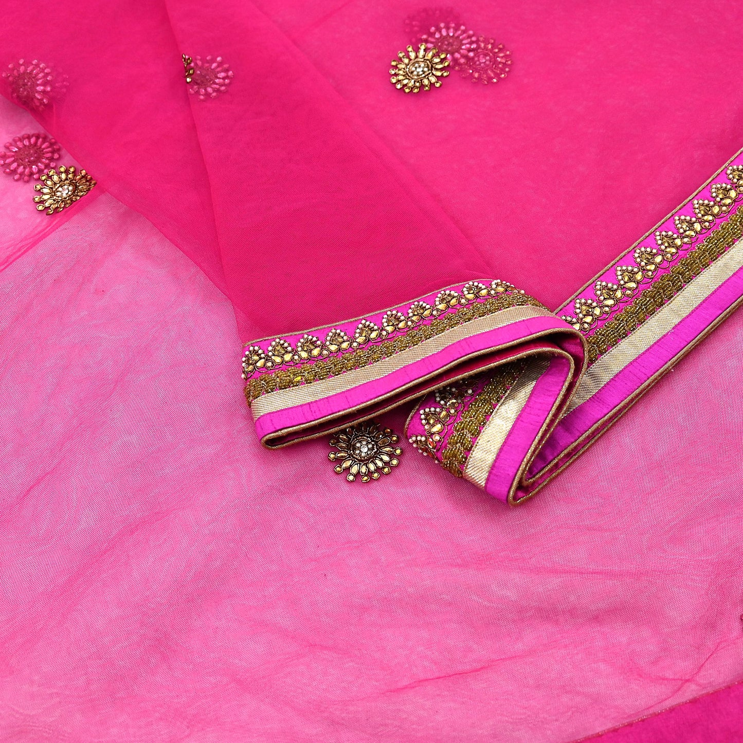 Indian Designer Abu Jani Dupatta Rani Pink Net Mesh Hand Embroidered Zardozi Dabka Bridal Veil Preowned Heavy Scarf