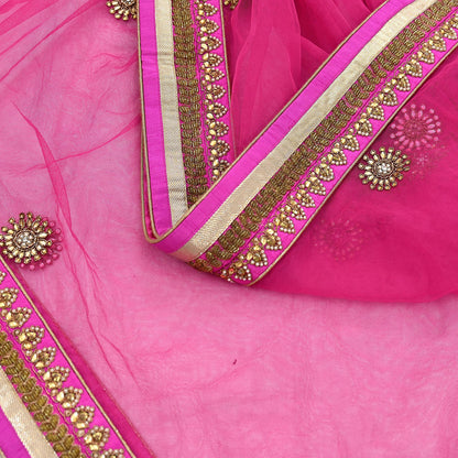 Indian Designer Abu Jani Dupatta Rani Pink Net Mesh Hand Embroidered Zardozi Dabka Bridal Veil Preowned Heavy Scarf