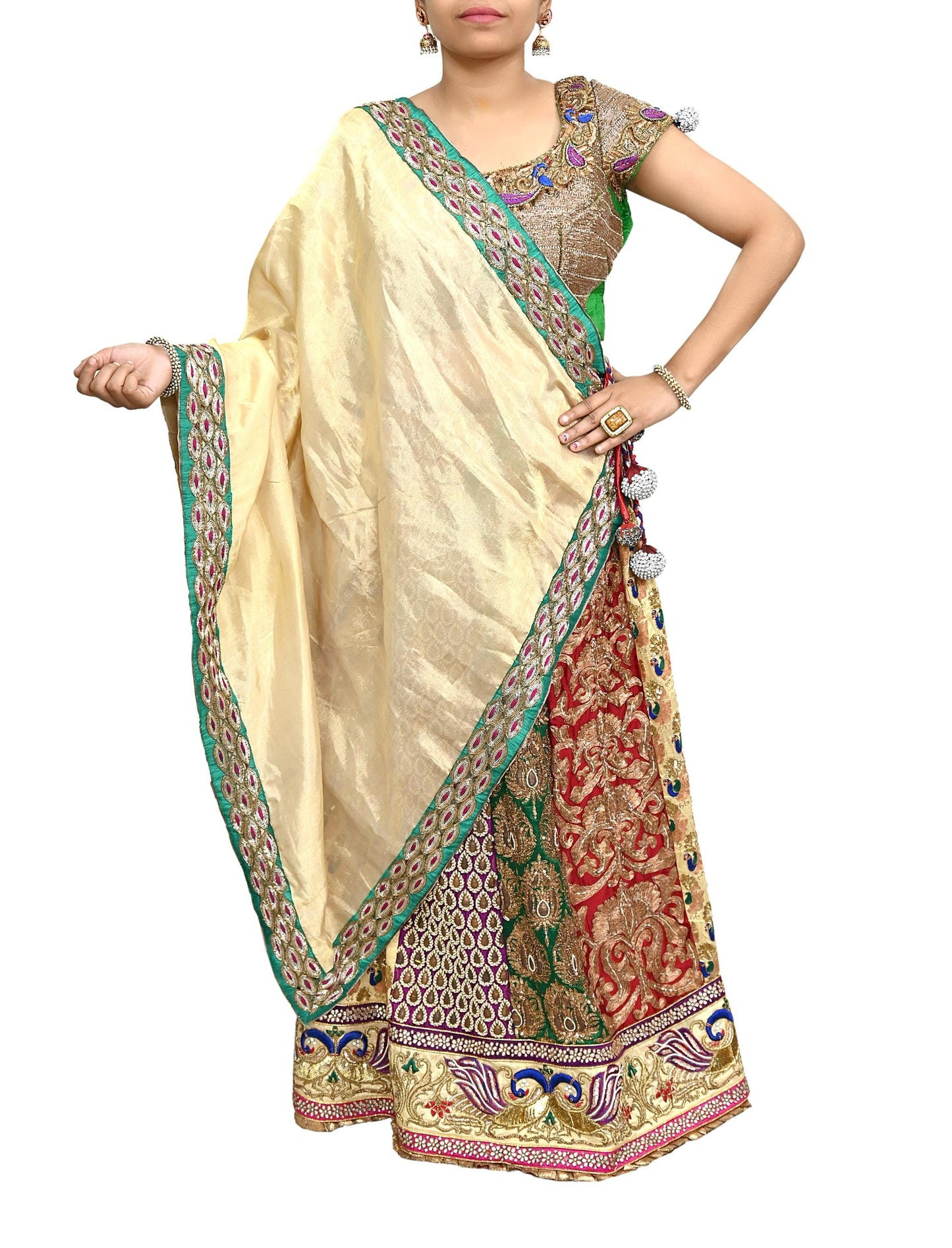 Indian Sabyasachi Bridal Lehenga Set Golden Multi Hand Embroidered Peacock Design Zardozi Dupatta Preowned Wedding Outfit