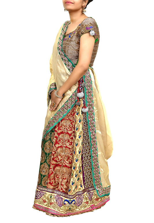 Indian Sabyasachi Bridal Lehenga Set Golden Multi Hand Embroidered Peacock Design Zardozi Dupatta Preowned Wedding Outfit
