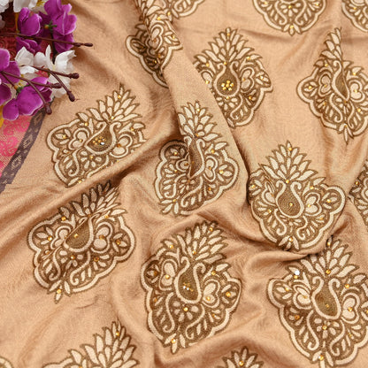 Vintage Beige Viscose Stole Handmade Woven Long Throw Stole Warm Floral Design Fringes