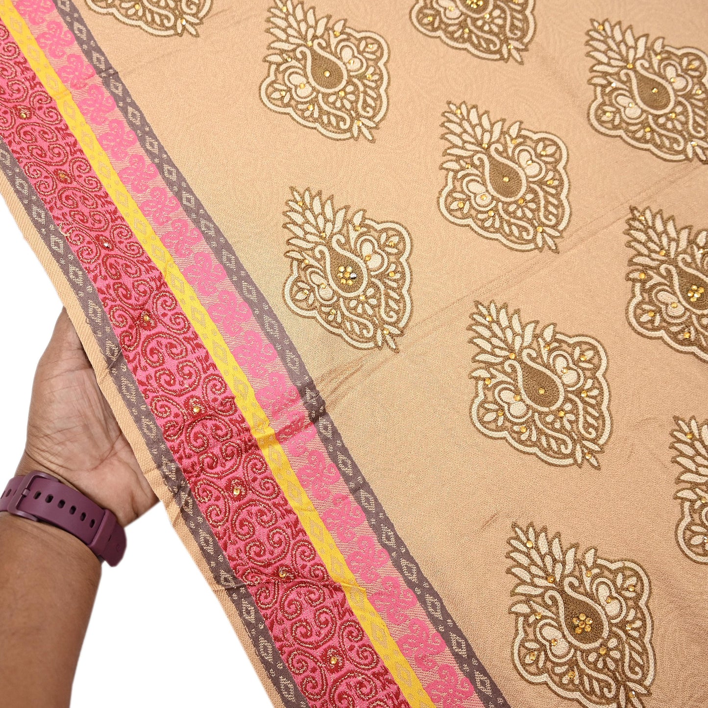 Vintage Beige Viscose Stole Handmade Woven Long Throw Stole Warm Floral Design Fringes