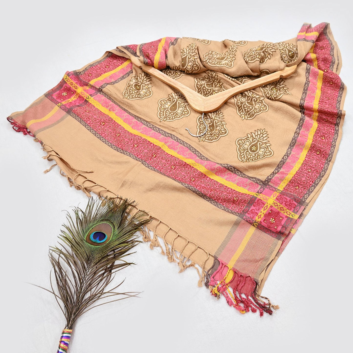 Vintage Beige Viscose Stole Handmade Woven Long Throw Stole Warm Floral Design Fringes