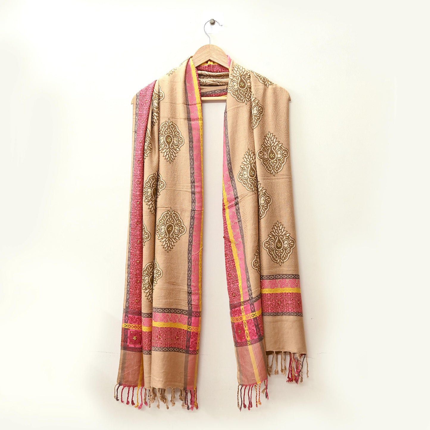 Vintage Beige Viscose Stole Handmade Woven Long Throw Stole Warm Floral Design Fringes