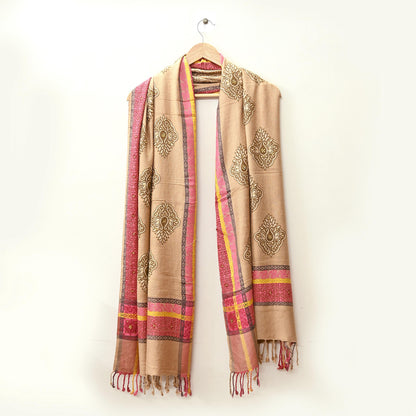 Vintage Beige Viscose Stole Handmade Woven Long Throw Stole Warm Floral Design Fringes