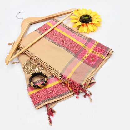 Vintage Beige Viscose Stole Handmade Woven Long Throw Stole Warm Floral Design Fringes