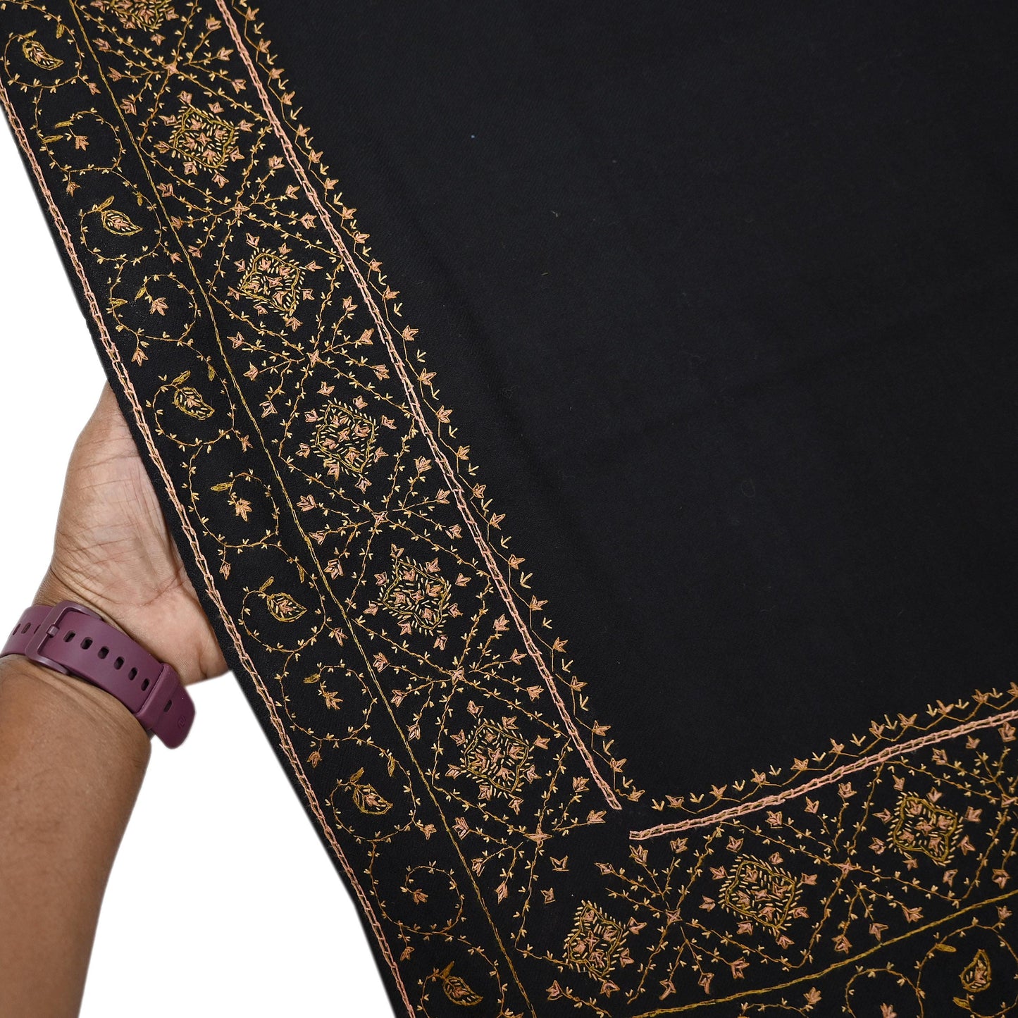 Indian Vintage Black Shawl Pure Woolen Handmade Suzani Long Throw Stole Warm Stole Floral Design Soft Soft Cozy