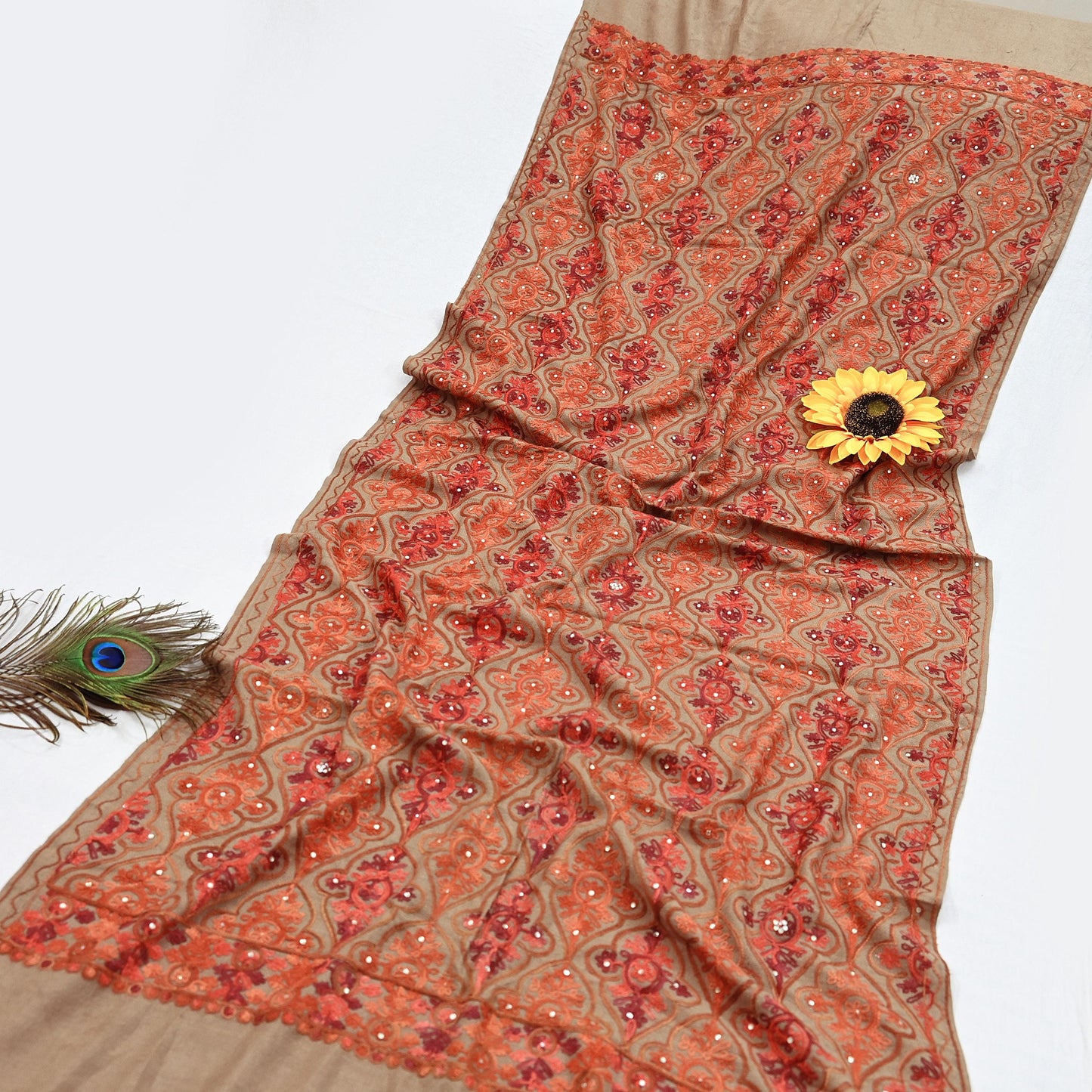 Vintage Stole Brown woolen Handmade Ari work Long Throw Warm Stole Floral Design Fringes