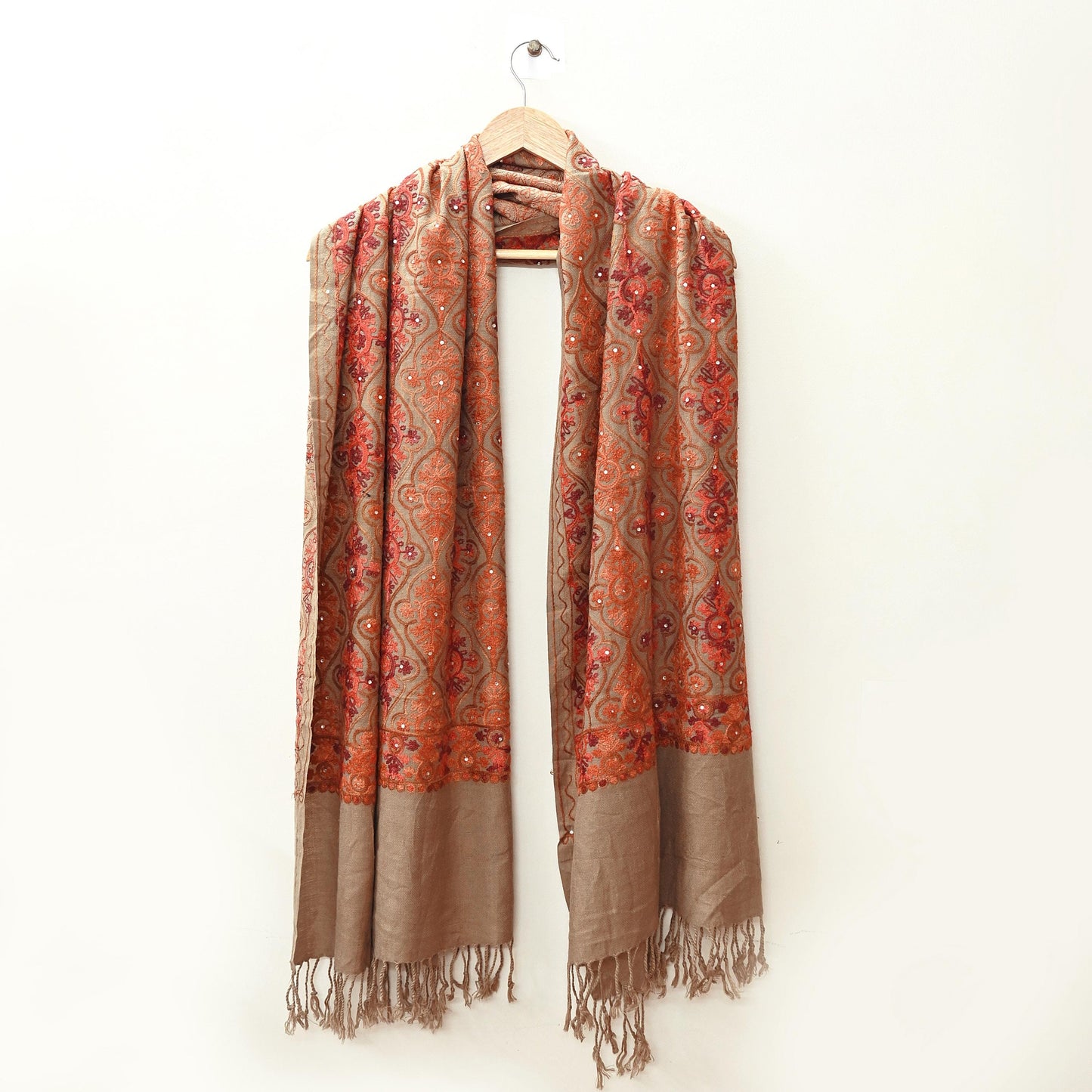 Vintage Stole Brown woolen Handmade Ari work Long Throw Warm Stole Floral Design Fringes