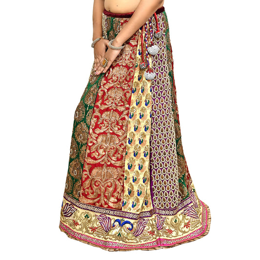 Indian Sabyasachi Bridal Skirt Multi Hand Embroidered Peacock Design Zardozi Preowned Wedding Outfit Raw Silk