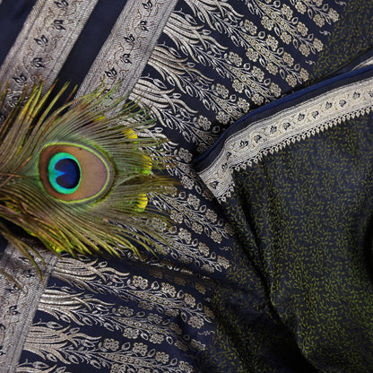 Indian Vintage Sari Blue Heavy Wedding Pure Satin Silk Woven Banarasi Tanchoi Saree 5Yd Ethnic Craft Fabric Upcycle Bridal Heavy Sarees