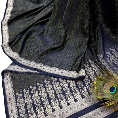 Indian Vintage Sari Blue Heavy Wedding Pure Satin Silk Woven Banarasi Tanchoi Saree 5Yd Ethnic Craft Fabric Upcycle Bridal Heavy Sarees