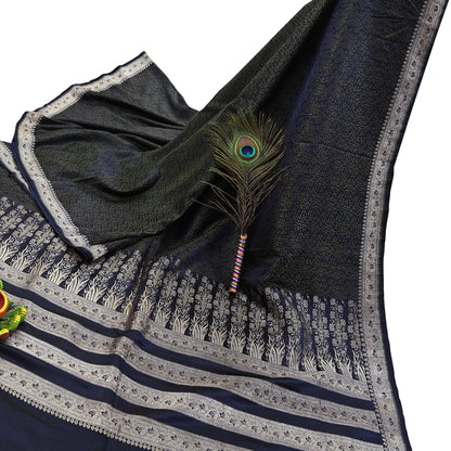 Indian Vintage Sari Blue Heavy Wedding Pure Satin Silk Woven Banarasi Tanchoi Saree 5Yd Ethnic Craft Fabric Upcycle Bridal Heavy Sarees