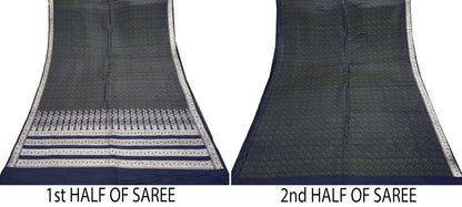 Indian Vintage Sari Blue Heavy Wedding Pure Satin Silk Woven Banarasi Tanchoi Saree 5Yd Ethnic Craft Fabric Upcycle Bridal Heavy Sarees