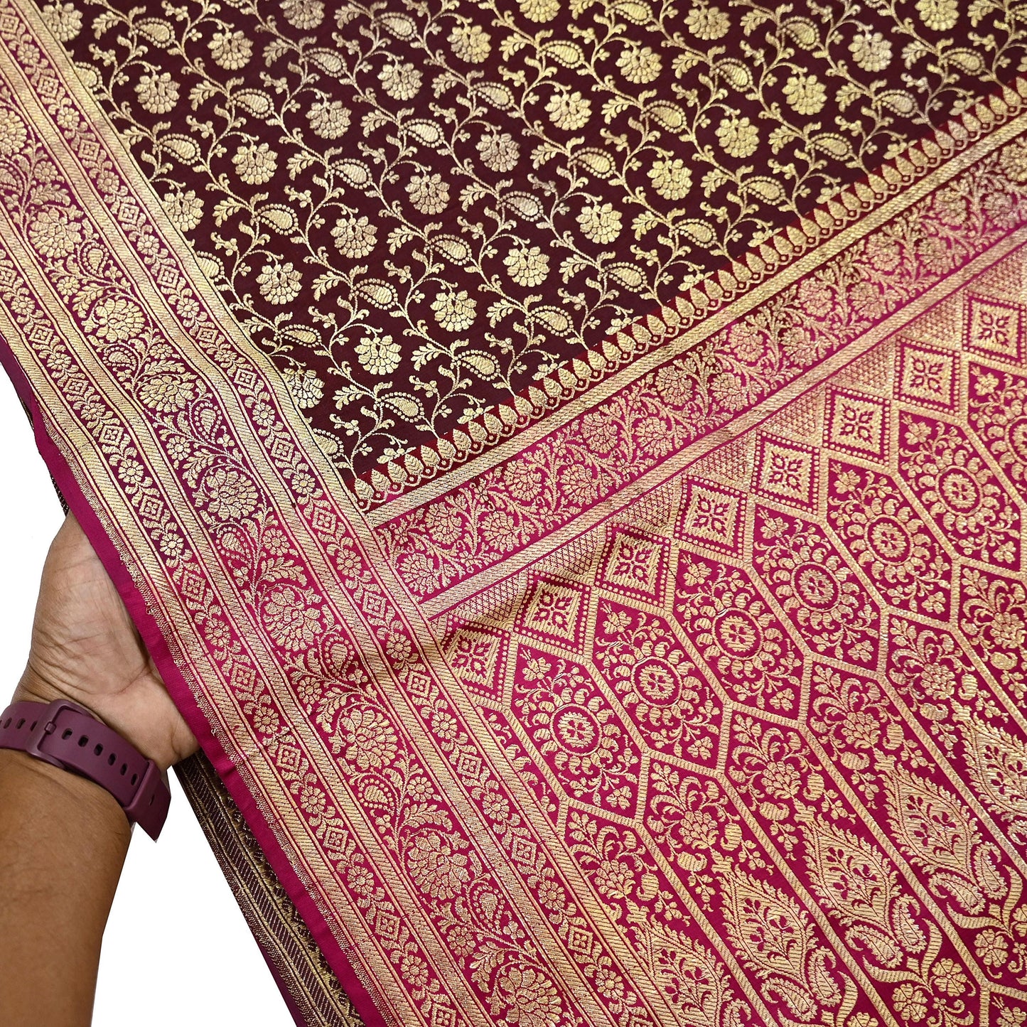 Indian Vintage Sari Pink & Maroon Heavy Wedding Pure Satin Silk Banarasi Brocade Saree Zari 5Yd Craft Fabric Ethnic Dress making Crafting