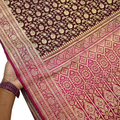 Indian Vintage Sari Pink & Maroon Heavy Wedding Pure Satin Silk Banarasi Brocade Saree Zari 5Yd Craft Fabric Ethnic Dress making Crafting