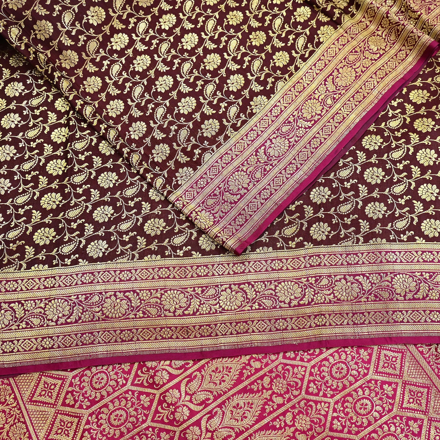 Indian Vintage Sari Pink & Maroon Heavy Wedding Pure Satin Silk Banarasi Brocade Saree Zari 5Yd Craft Fabric Ethnic Dress making Crafting