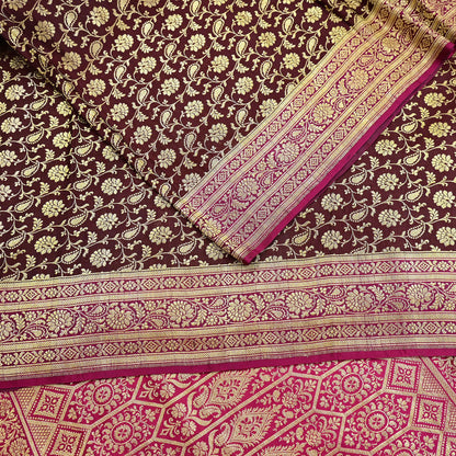 Indian Vintage Sari Pink & Maroon Heavy Wedding Pure Satin Silk Banarasi Brocade Saree Zari 5Yd Craft Fabric Ethnic Dress making Crafting