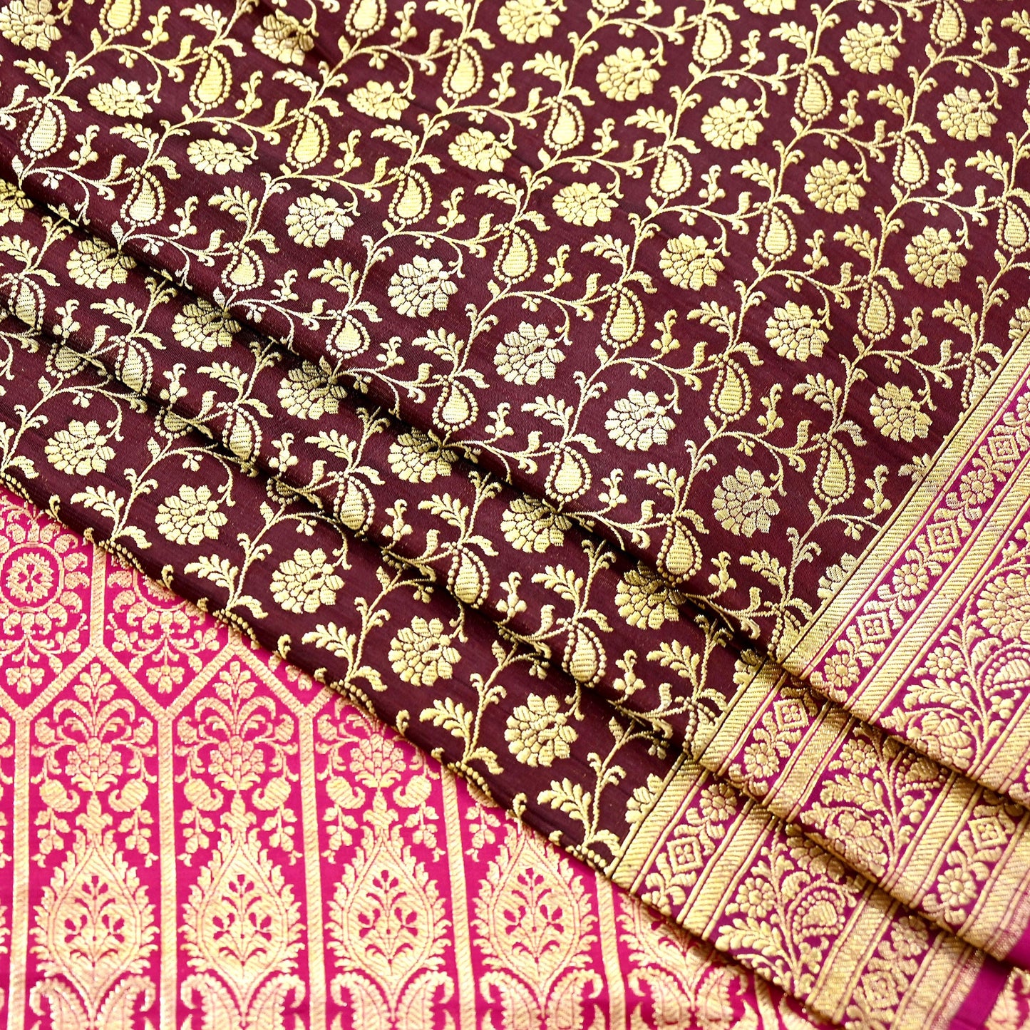 Indian Vintage Sari Pink & Maroon Heavy Wedding Pure Satin Silk Banarasi Brocade Saree Zari 5Yd Craft Fabric Ethnic Dress making Crafting