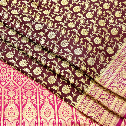 Indian Vintage Sari Pink & Maroon Heavy Wedding Pure Satin Silk Banarasi Brocade Saree Zari 5Yd Craft Fabric Ethnic Dress making Crafting