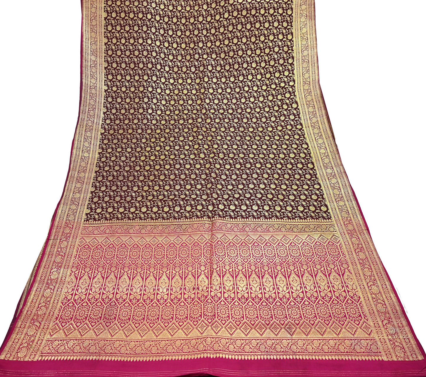 Indian Vintage Sari Pink & Maroon Heavy Wedding Pure Satin Silk Banarasi Brocade Saree Zari 5Yd Craft Fabric Ethnic Dress making Crafting