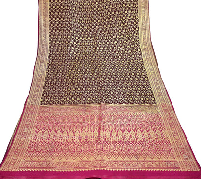 Indian Vintage Sari Pink & Maroon Heavy Wedding Pure Satin Silk Banarasi Brocade Saree Zari 5Yd Craft Fabric Ethnic Dress making Crafting