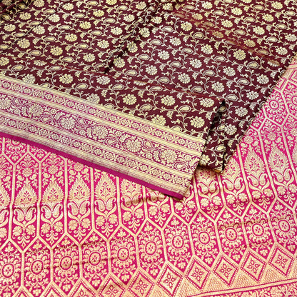 Indian Vintage Sari Pink & Maroon Heavy Wedding Pure Satin Silk Banarasi Brocade Saree Zari 5Yd Craft Fabric Ethnic Dress making Crafting