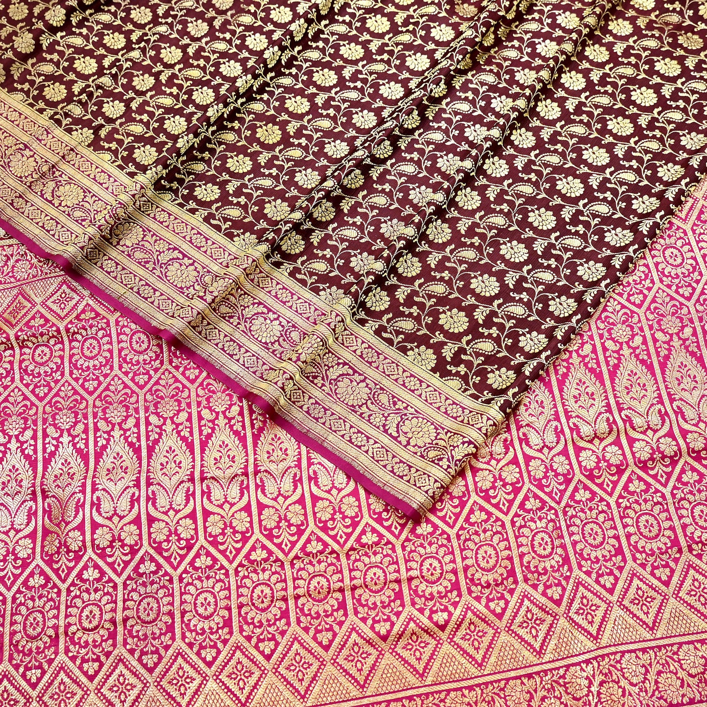 Indian Vintage Sari Pink & Maroon Heavy Wedding Pure Satin Silk Banarasi Brocade Saree Zari 5Yd Craft Fabric Ethnic Dress making Crafting